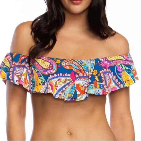 TRINA TURK Off-the-Shoulder Moroccan Paisley Print Bikini Top Dark Teal 10 NWOT - Picture 5 of 12